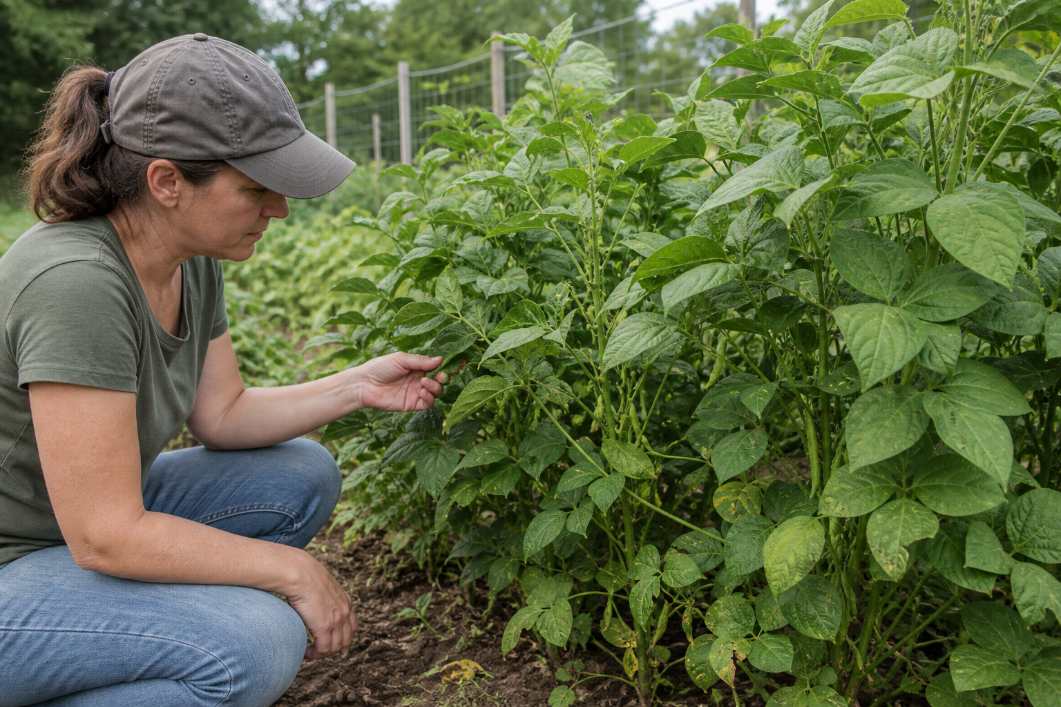 葉が茂りすぎた枝豆を確認する様子