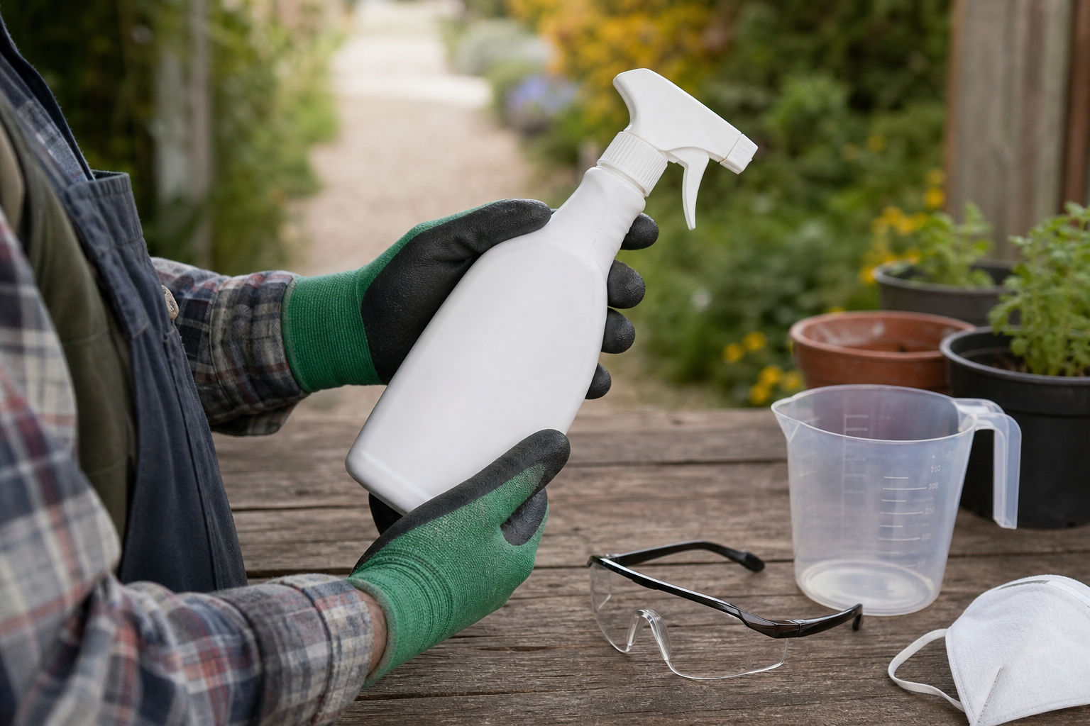 除草剤のラベルを使用前に確認する様子