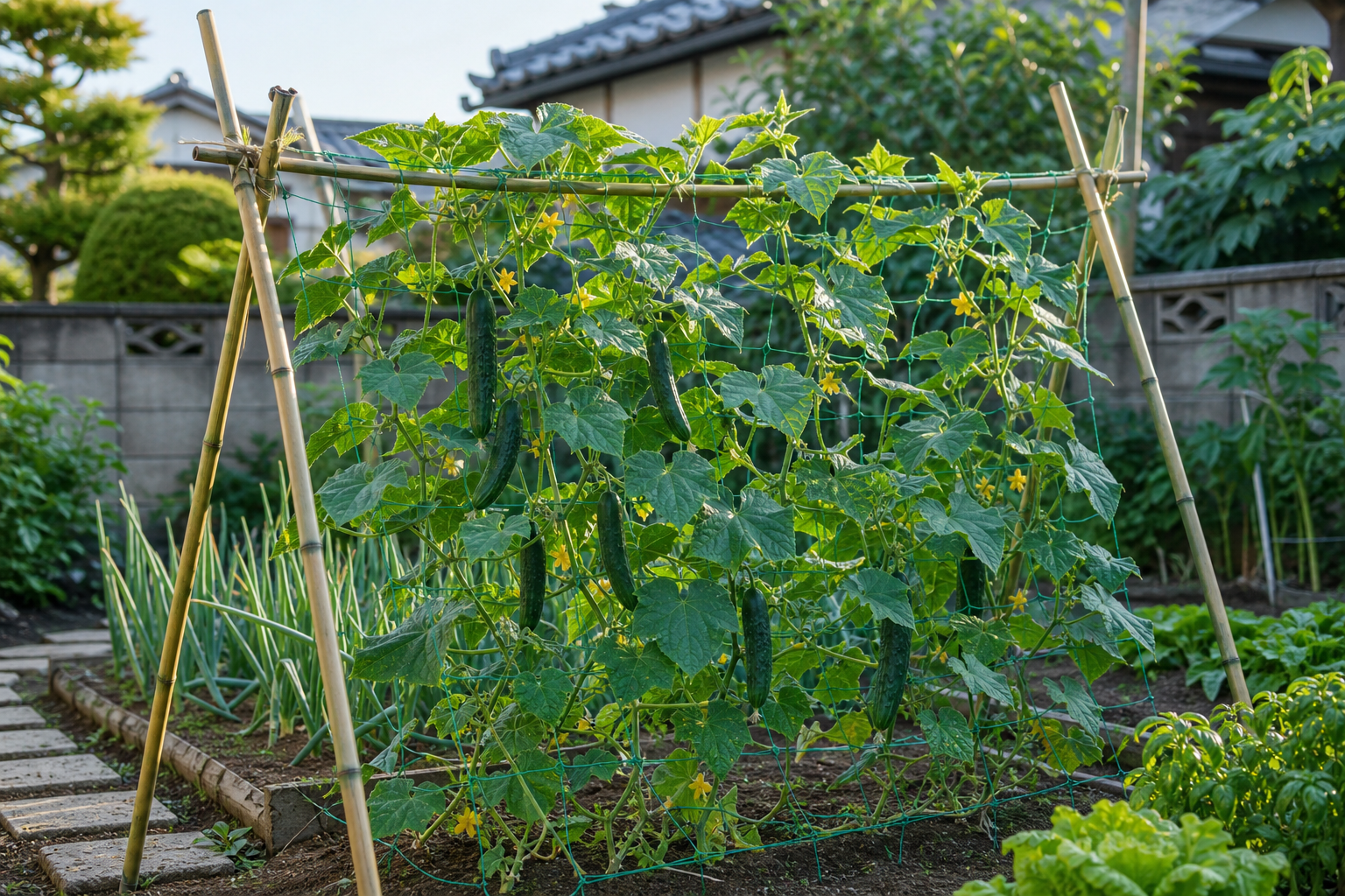 きゅうりの支柱はいつ立てる？種類・高さ・ネットの張り方を家庭菜園向けに解説
