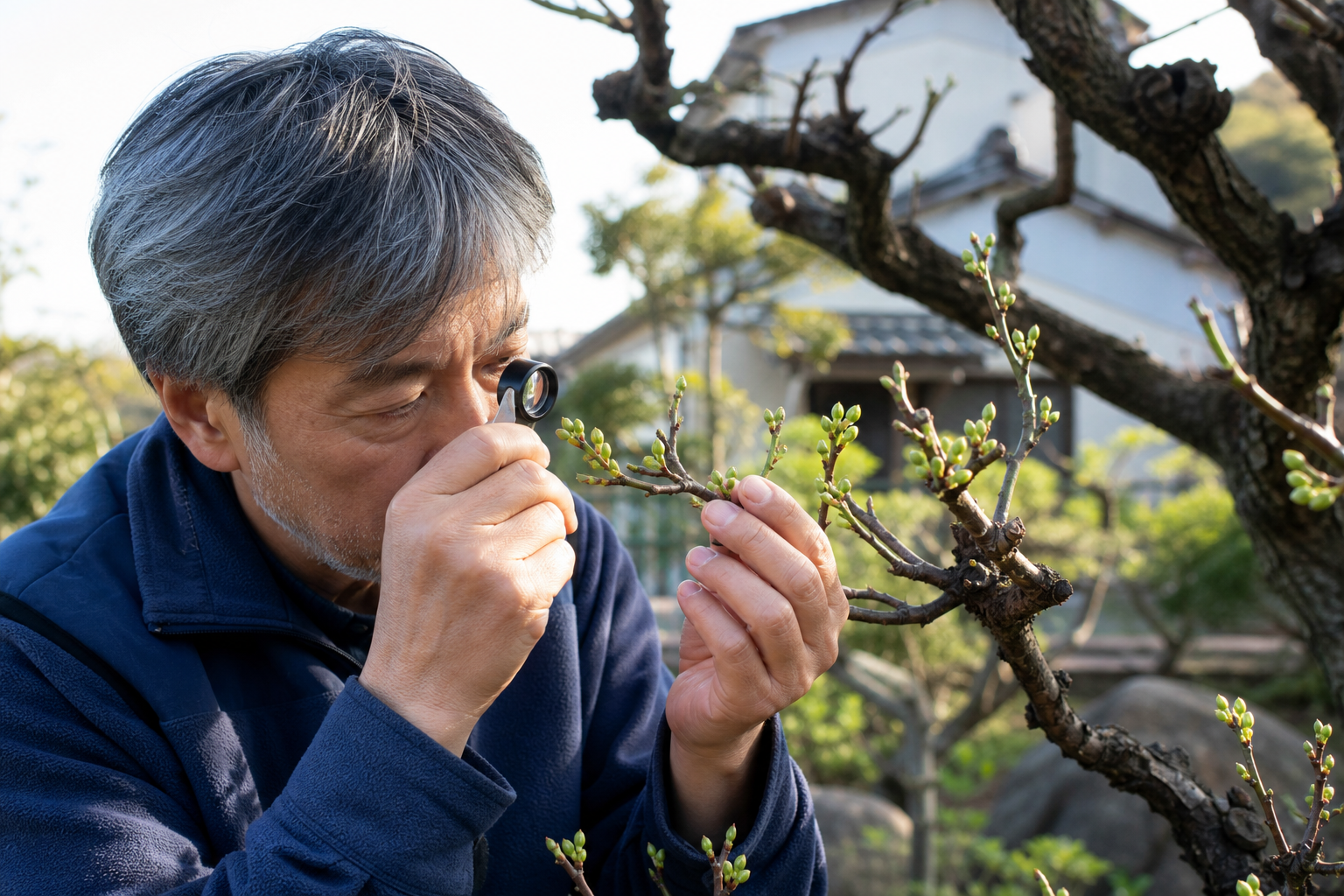 梅の枝先を拡大鏡で観察する家庭菜園の様子