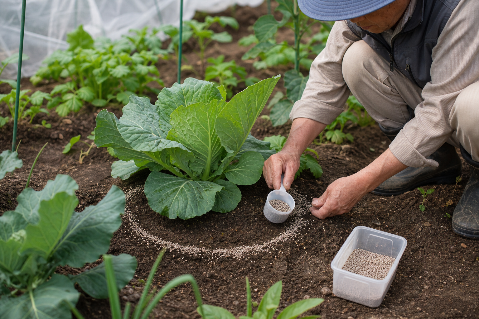畑の野菜と肥料計画を確認するイメージ