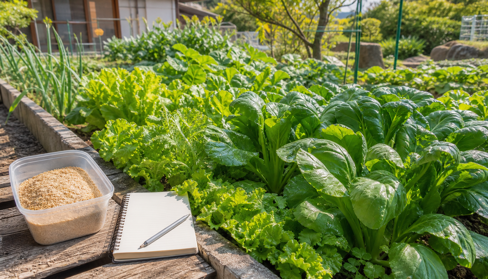 米ぬかと生育中の野菜畑を確認する様子
