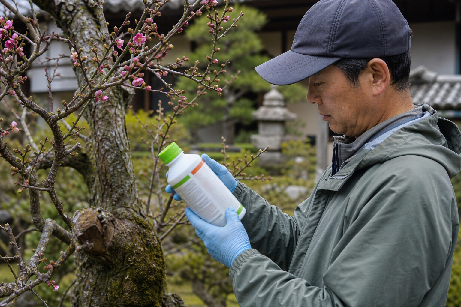 梅の木のそばで農薬ラベルを確認する様子