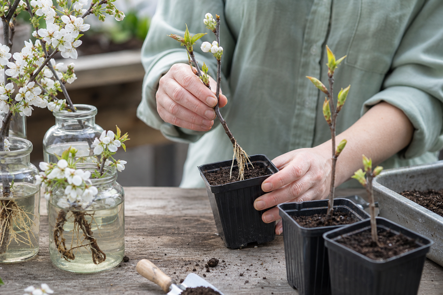 発根した桜の挿し木を小鉢に植え替える様子