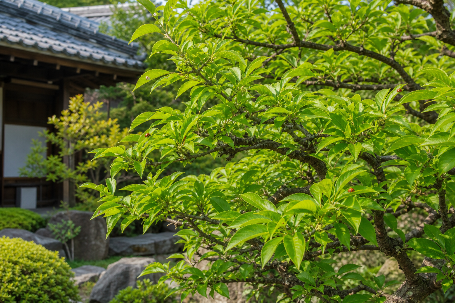 風通しよく管理された梅の木とテントウムシ